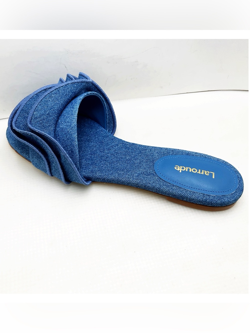 🆕{Larroude} Ivy Denim Ruffle Slide Sandals - Picture 13 of 15
